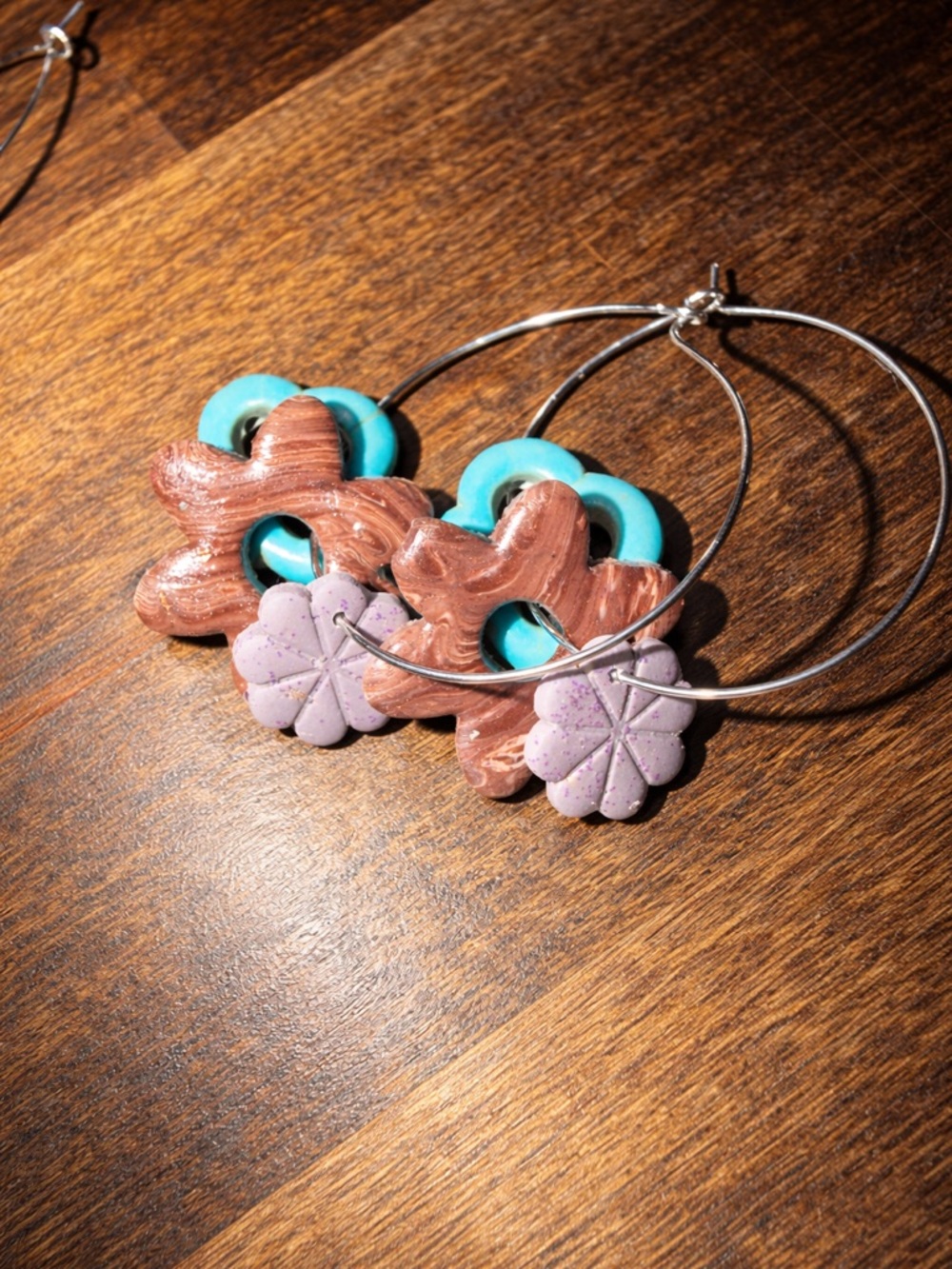 Artisan Turquoise, Copper & Lavender Flower Hoop Earrings